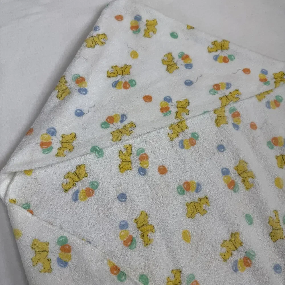 Vintage Hooded Towel Terry Cloth Bear Balloon Pattern Wrap Baby Soft 90s 30x30